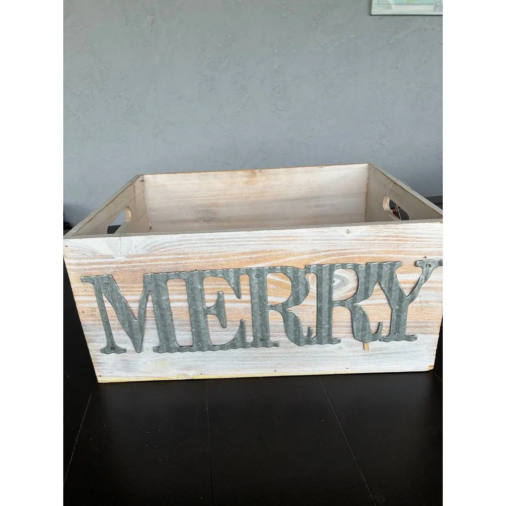 Holiday Home Expressions Nicole Merry Wood Crate Christmas Decor Whitewash